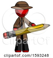 Poster, Art Print Of Red Detective Man Writer Or Blogger Holding Large Pencil