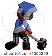 Poster, Art Print Of Red Police Man Hitting With Sledgehammer Or Smashing Something At Angle