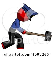 Poster, Art Print Of Red Police Man Hitting With Sledgehammer Or Smashing Something