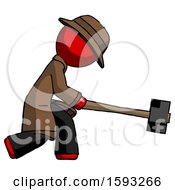 Poster, Art Print Of Red Detective Man Hitting With Sledgehammer Or Smashing Something