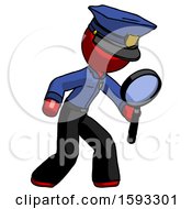 Poster, Art Print Of Red Police Man Inspecting With Large Magnifying Glass Right