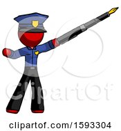 Red Police Man Pen Is Mightier Than The Sword Calligraphy Pose