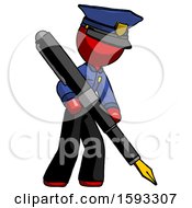 Poster, Art Print Of Red Police Man Drawing Or Writing With Large Calligraphy Pen