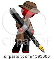 Poster, Art Print Of Red Detective Man Drawing Or Writing With Large Calligraphy Pen