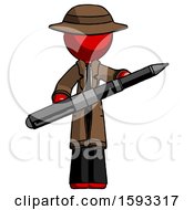 Red Detective Man Posing Confidently With Giant Pen