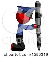 Poster, Art Print Of Red Police Man Posing With Giant Pen In Powerful Yet Awkward Manner