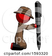 Poster, Art Print Of Red Detective Man Posing With Giant Pen In Powerful Yet Awkward Manner