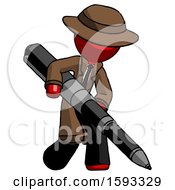 Poster, Art Print Of Red Detective Man Writing With A Really Big Pen