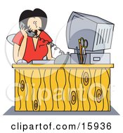 Shocked Female Receptionist Taking A Telephone Call While Seated In Front Of Her Computer At Her Office Desk Clipart Illustration