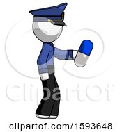 Poster, Art Print Of White Police Man Holding Blue Pill Walking To Right