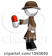 White Detective Man Holding Red Pill Walking To Left