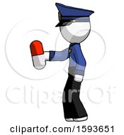 White Police Man Holding Red Pill Walking To Left