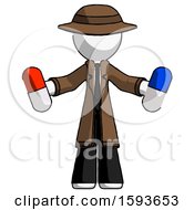 White Detective Man Holding A Red Pill And Blue Pill