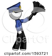 White Police Man Dusting With Feather Duster Upwards