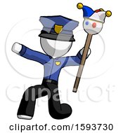 Poster, Art Print Of White Police Man Holding Jester Staff Posing Charismatically