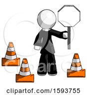 Poster, Art Print Of White Clergy Man Holding Stop Sign By Traffic Cones Under Construction Concept