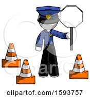 Poster, Art Print Of White Police Man Holding Stop Sign By Traffic Cones Under Construction Concept
