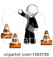 White Clergy Man Standing By Traffic Cones Waving