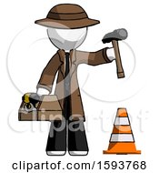 Poster, Art Print Of White Detective Man Under Construction Concept Traffic Cone And Tools