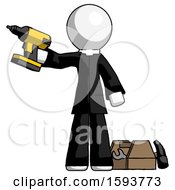 Poster, Art Print Of White Clergy Man Holding Drill Ready To Work Toolchest And Tools To Right