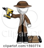 Poster, Art Print Of White Detective Man Holding Drill Ready To Work Toolchest And Tools To Right