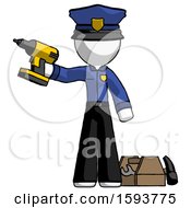 Poster, Art Print Of White Police Man Holding Drill Ready To Work Toolchest And Tools To Right