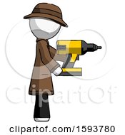 Poster, Art Print Of White Detective Man Using Drill Drilling Something On Right Side