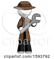 White Detective Man Holding Large Wrench With Both Hands
