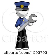 White Police Man Holding Large Wrench With Both Hands