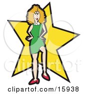 Woman In A Green Dress Standing In Front Of A Yellow Star