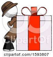 Poster, Art Print Of White Detective Man Gift Concept - Leaning Against Large Present