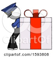 Poster, Art Print Of White Police Man Gift Concept - Leaning Against Large Present