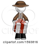 Poster, Art Print Of White Detective Man Gifting Present With Large Bow Front View
