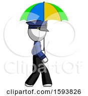 White Police Man Walking With Colored Umbrella