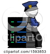 Poster, Art Print Of White Police Man Resting Against Server Rack Viewed At Angle