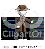 Poster, Art Print Of White Detective Man With Server Racks In Front Of Two Networked Systems