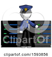 Poster, Art Print Of White Police Man With Server Racks In Front Of Two Networked Systems