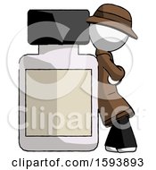 White Detective Man Leaning Against Large Medicine Bottle