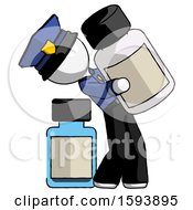 Poster, Art Print Of White Police Man Holding Large White Medicine Bottle With Bottle In Background