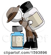 White Detective Man Holding Large White Medicine Bottle With Bottle In Background