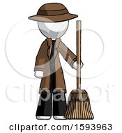 White Detective Man Standing With Broom Cleaning Services