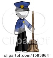 White Police Man Standing With Broom Cleaning Services
