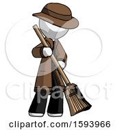 White Detective Man Sweeping Area With Broom