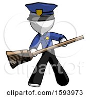 White Police Man Broom Fighter Defense Pose