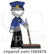 White Police Man Standing With Industrial Broom