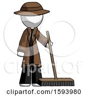 White Detective Man Standing With Industrial Broom