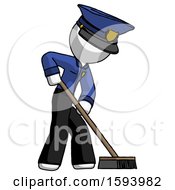 Poster, Art Print Of White Police Man Cleaning Services Janitor Sweeping Side View
