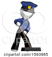 White Police Man Cleaning Services Janitor Sweeping Floor With Push Broom