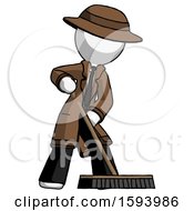 White Detective Man Cleaning Services Janitor Sweeping Floor With Push Broom
