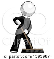 White Clergy Man Cleaning Services Janitor Sweeping Floor With Push Broom